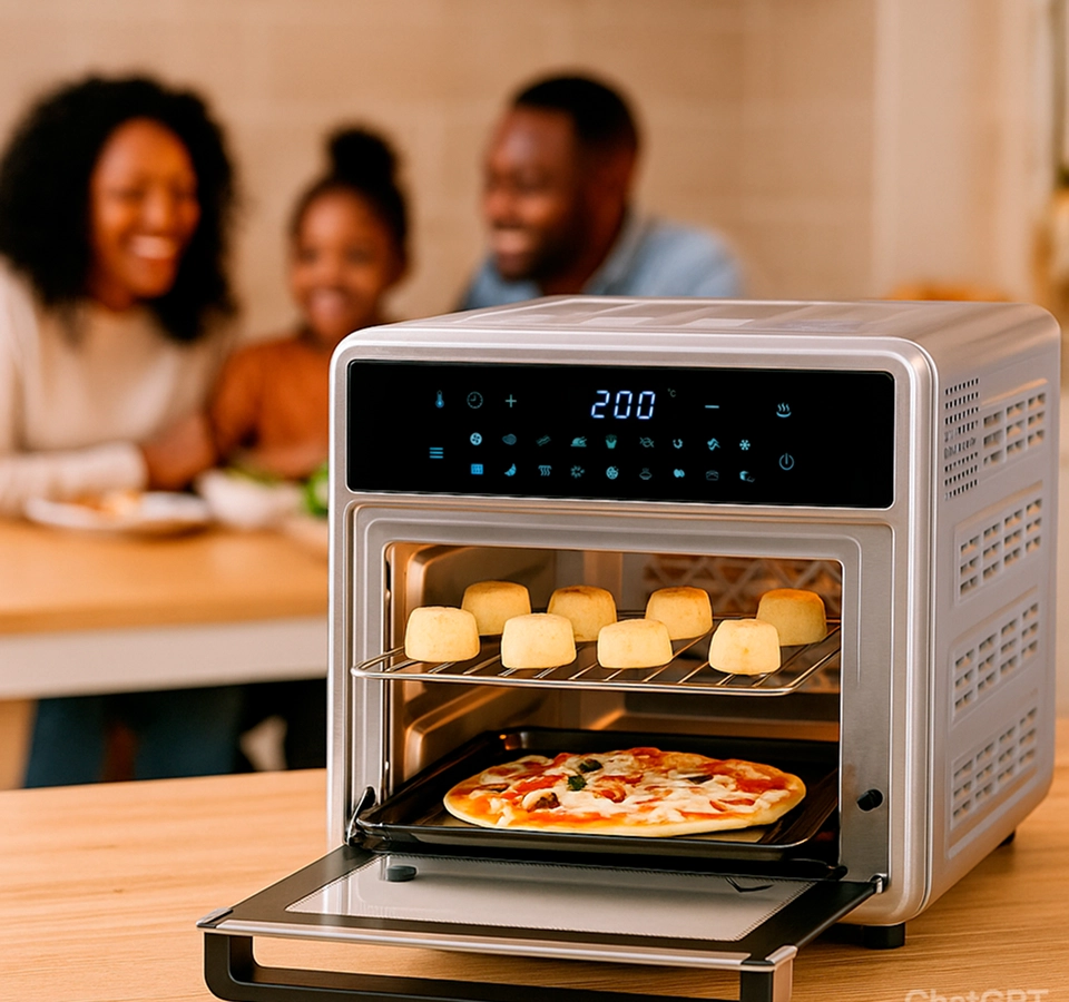 Imagem ilustrativa de uma família próximos a um forno digital